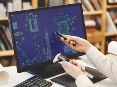 Engineer working on cad scheme using computer tools.